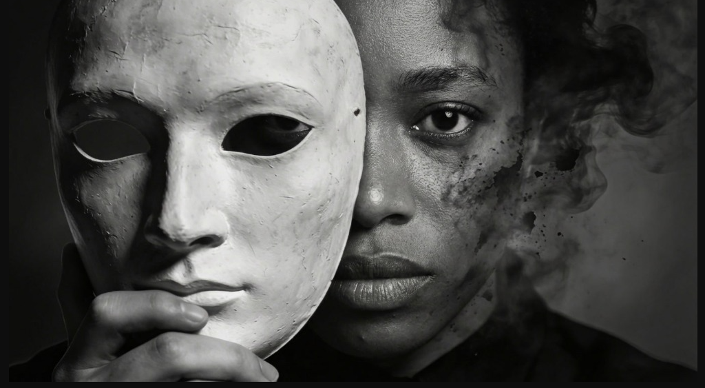 Am artistic picture of a woman with a mask covering half her face